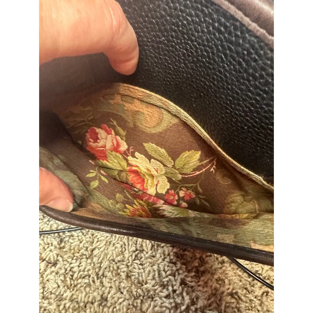 Brighton Black Pebbled Leather Croc Trim Tote Bag Floral Lining A510698